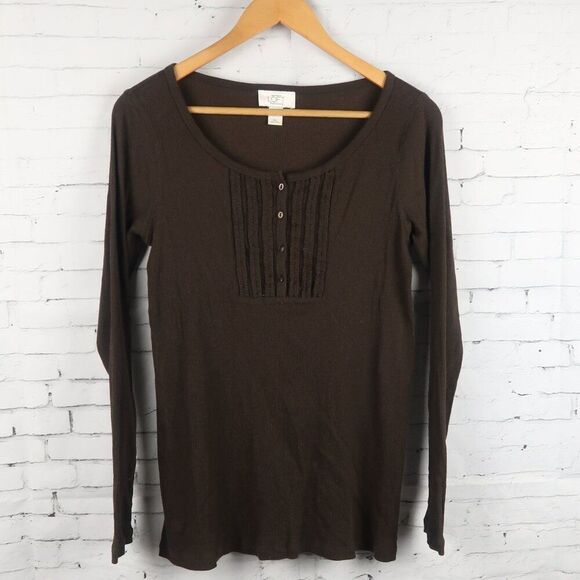 ANN TAYLOR LOFT MATERNITY DARK BROWN LONG SLEEVE ROUND NECK RIBBED TOP SIZE S - Picture 1 of 6
